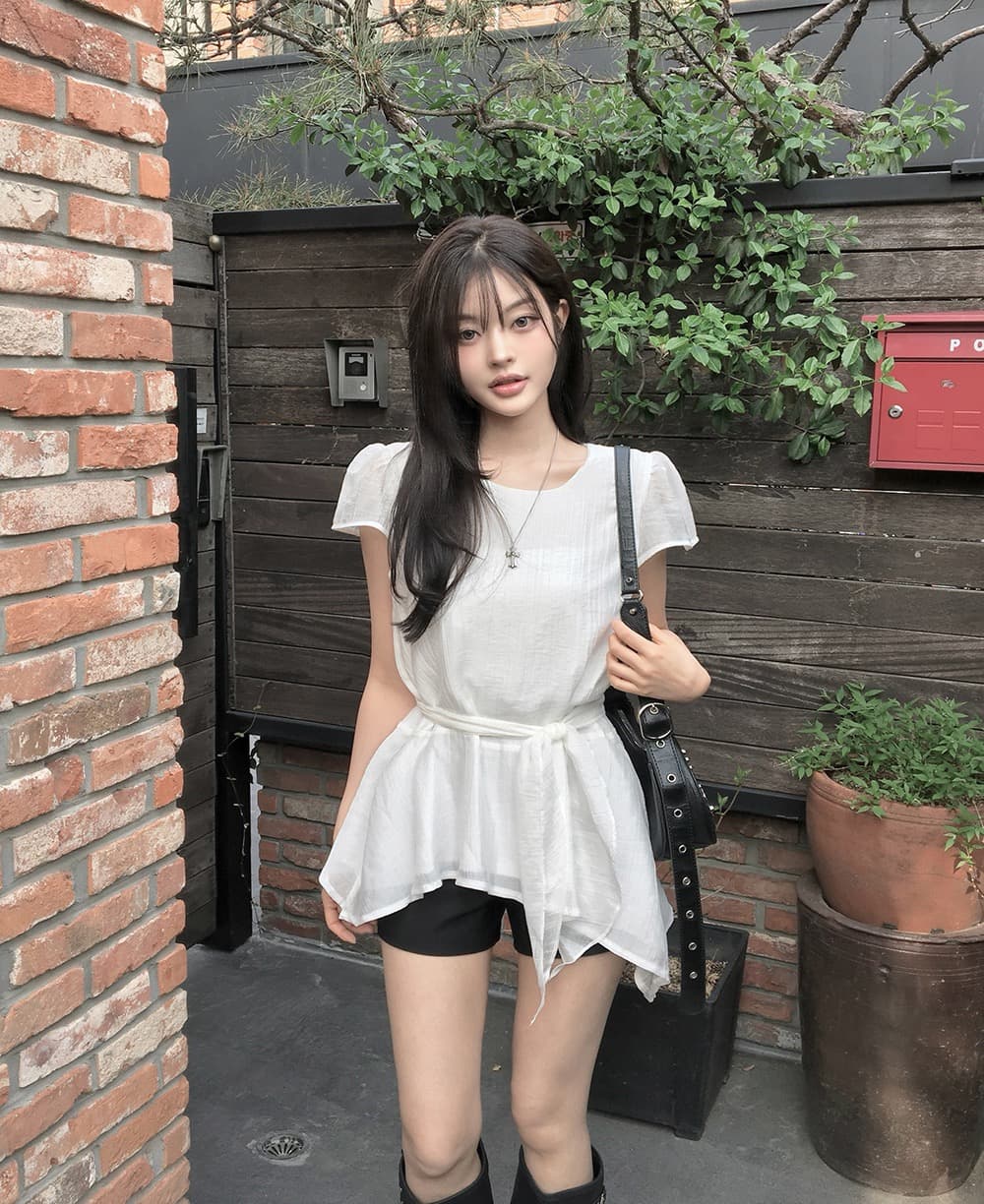 재고 있음 한국 chic 한국 스타일 불규칙 반팔 라운드 넥 셔츠 상세 이미지 17