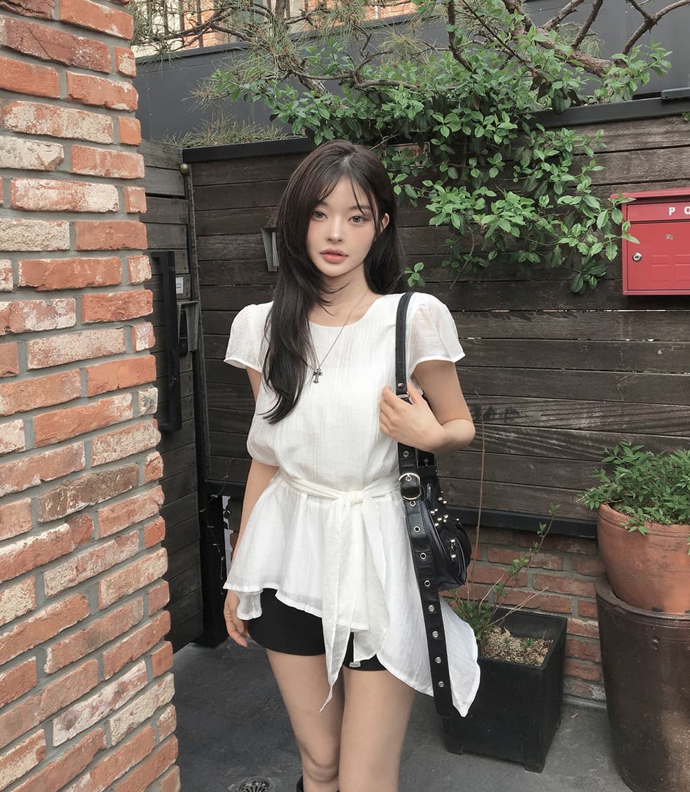 재고 있음 한국 chic 한국 스타일 불규칙 반팔 라운드 넥 셔츠 상세 이미지 19