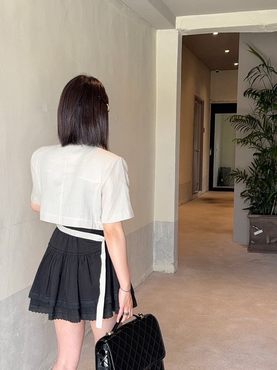 있음 선적 쇼트 스타일 정장 칼라 허리 레이스 업 셔츠 상세 이미지 15