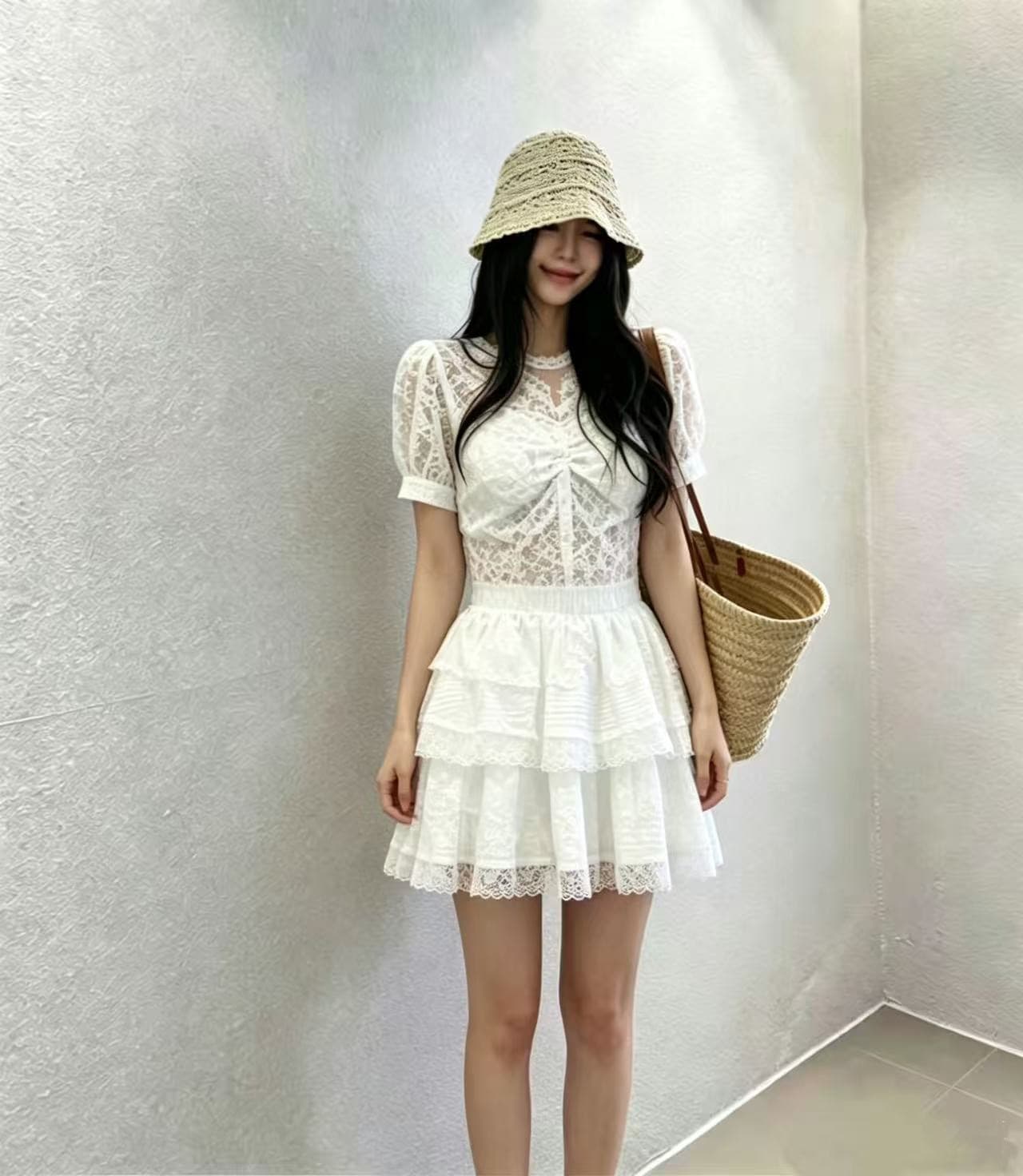 화이트 하이웨이스트 슬림해 보이는 한 마디 반신 스커트 여성 여름 새로운 레이스 레이스 달콤함 케이크 미니 스커트 섹션 상세 이미지 4