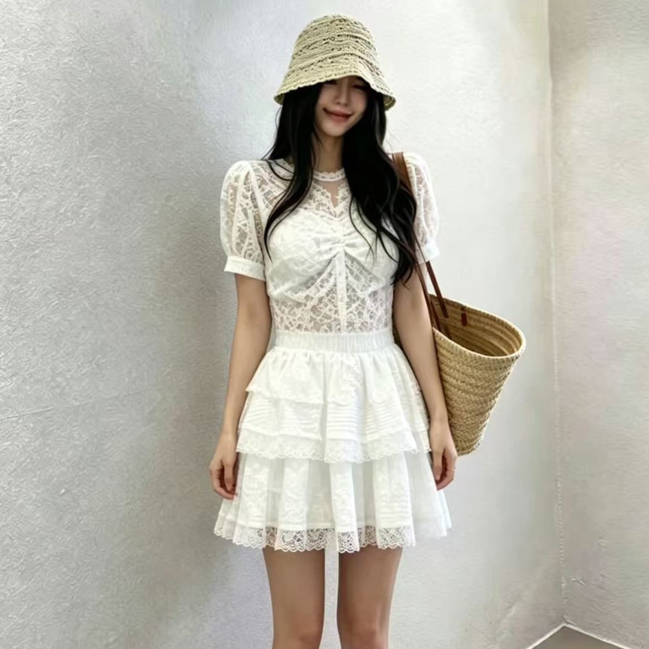 화이트 하이웨이스트 슬림해 보이는 한 마디 반신 스커트 여성 여름 새로운 레이스 레이스 달콤함 케이크 미니 스커트 섹션 상세 이미지 7