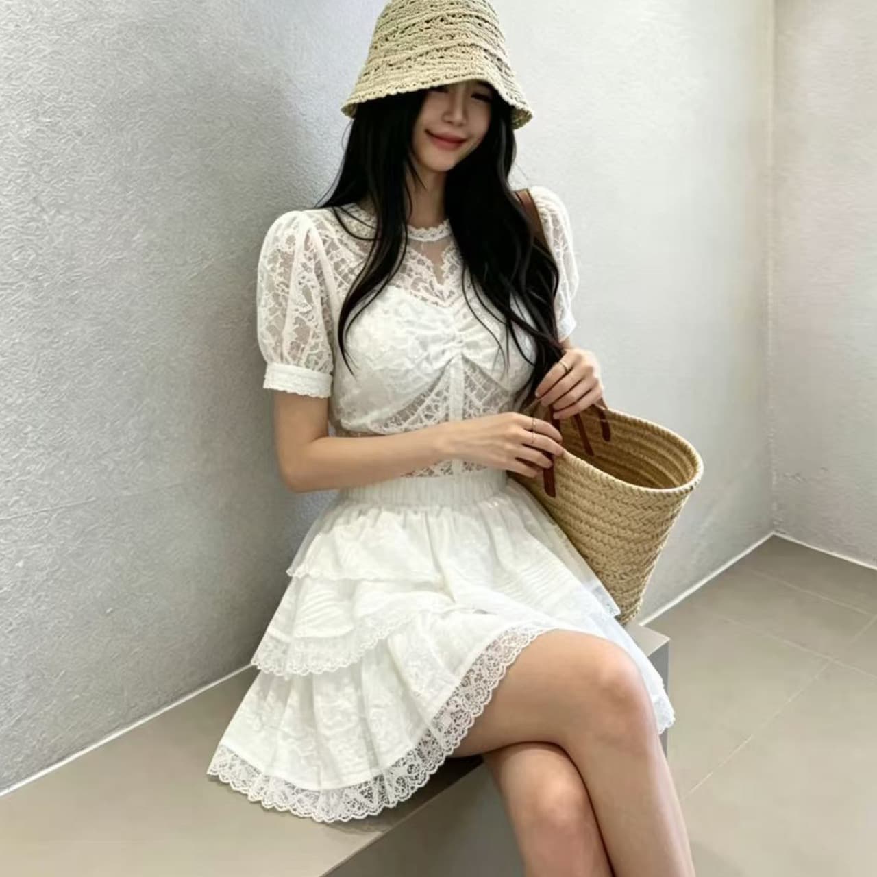 화이트 하이웨이스트 슬림해 보이는 한 마디 반신 스커트 여성 여름 새로운 레이스 레이스 달콤함 케이크 미니 스커트 섹션 상세 이미지 8