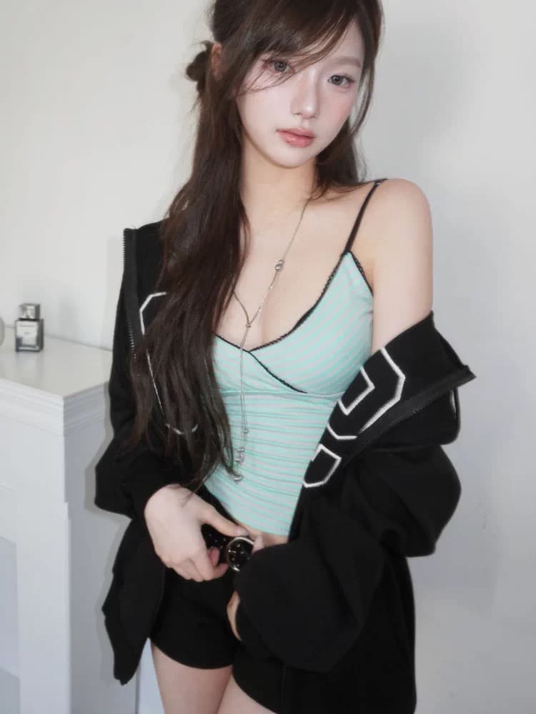 재고 있음 chic 한 부서 다용도 천년기 바람 레트로 조끼 작은 슬링 스트라이프 맨위 상세 이미지 15