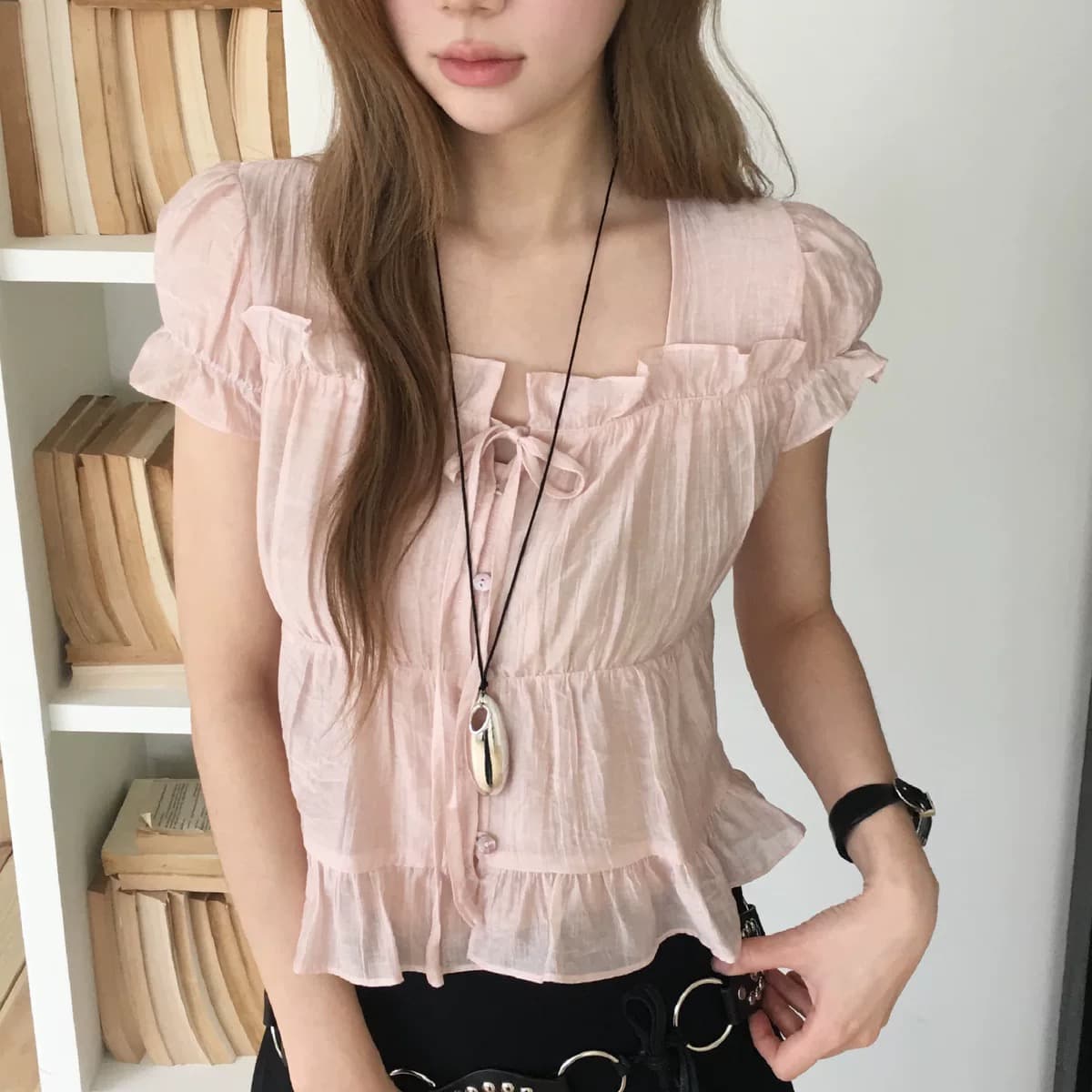 재고 있음 chic 한 부서 여름 프랑스식 달콤함 연령 감소 부드러운 프릴 주름 장식 허리 수축 반팔 쉬폰 셔츠