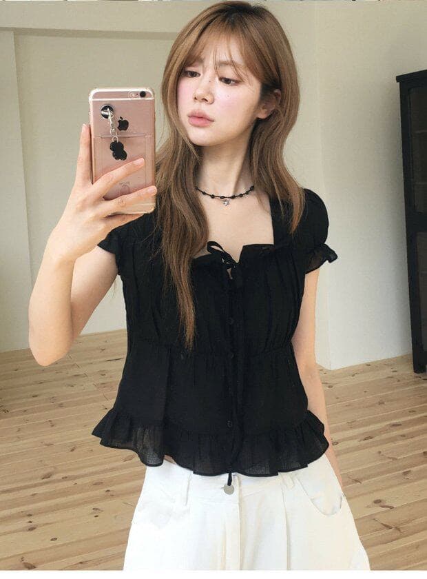 재고 있음 chic 한 부서 여름 프랑스식 달콤함 연령 감소 부드러운 프릴 주름 장식 허리 수축 반팔 쉬폰 셔츠 상세 이미지 6