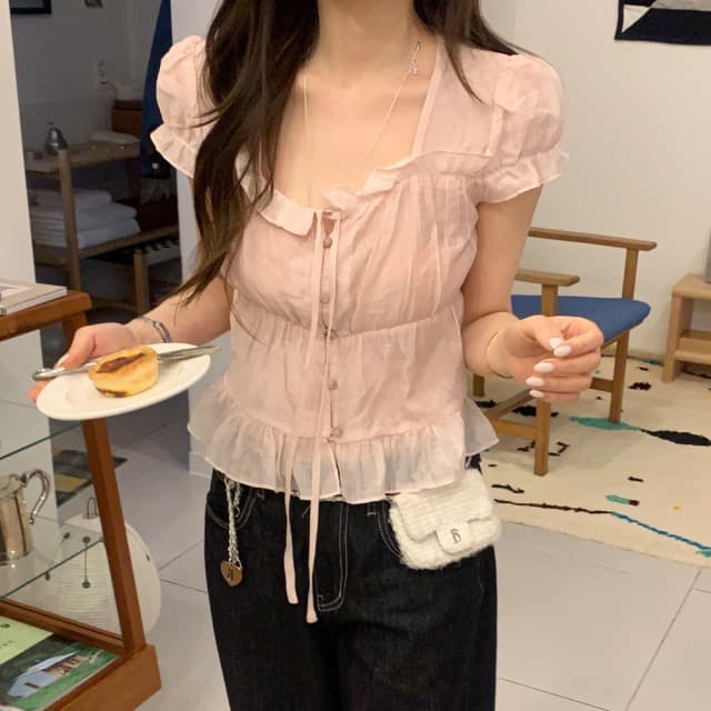 재고 있음 chic 한 부서 여름 프랑스식 달콤함 연령 감소 부드러운 프릴 주름 장식 허리 수축 반팔 쉬폰 셔츠 상세 이미지 14