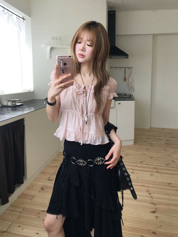 재고 있음 chic 한 부서 여름 프랑스식 달콤함 연령 감소 부드러운 프릴 주름 장식 허리 수축 반팔 쉬폰 셔츠 상세 이미지 17