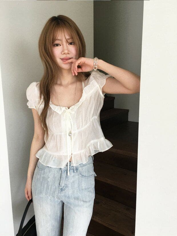 재고 있음 chic 한 부서 여름 프랑스식 달콤함 연령 감소 부드러운 프릴 주름 장식 허리 수축 반팔 쉬폰 셔츠 상세 이미지 23
