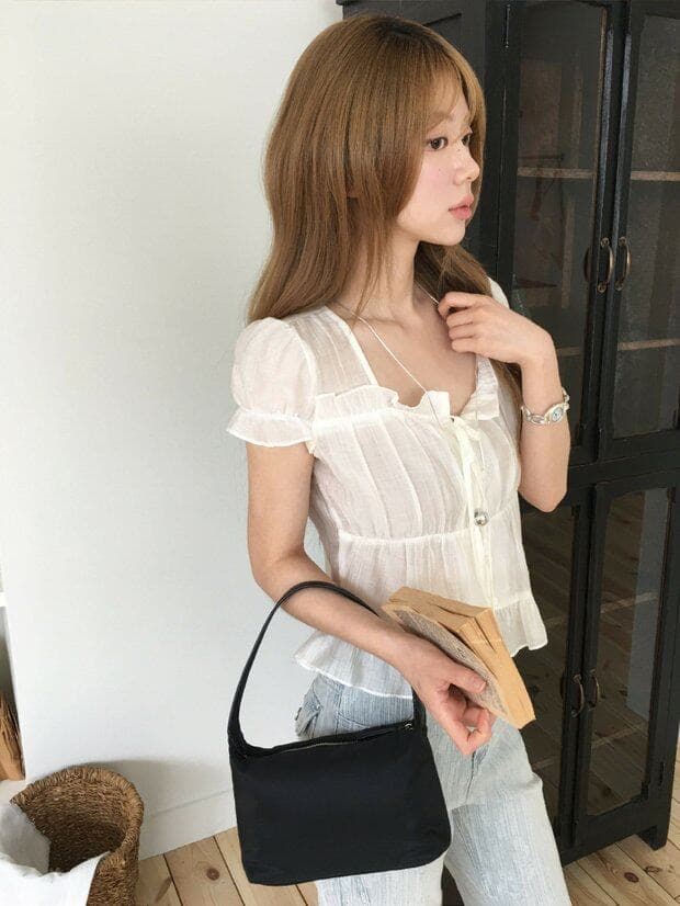 재고 있음 chic 한 부서 여름 프랑스식 달콤함 연령 감소 부드러운 프릴 주름 장식 허리 수축 반팔 쉬폰 셔츠 상세 이미지 26