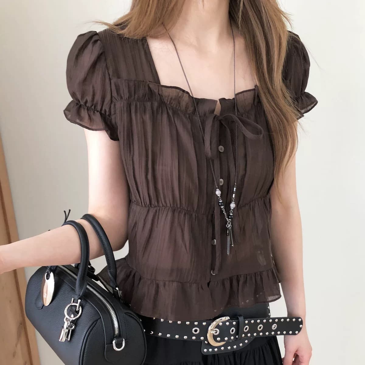 재고 있음 chic 한 부서 여름 프랑스식 달콤함 연령 감소 부드러운 프릴 주름 장식 허리 수축 반팔 쉬폰 셔츠 상세 이미지 30