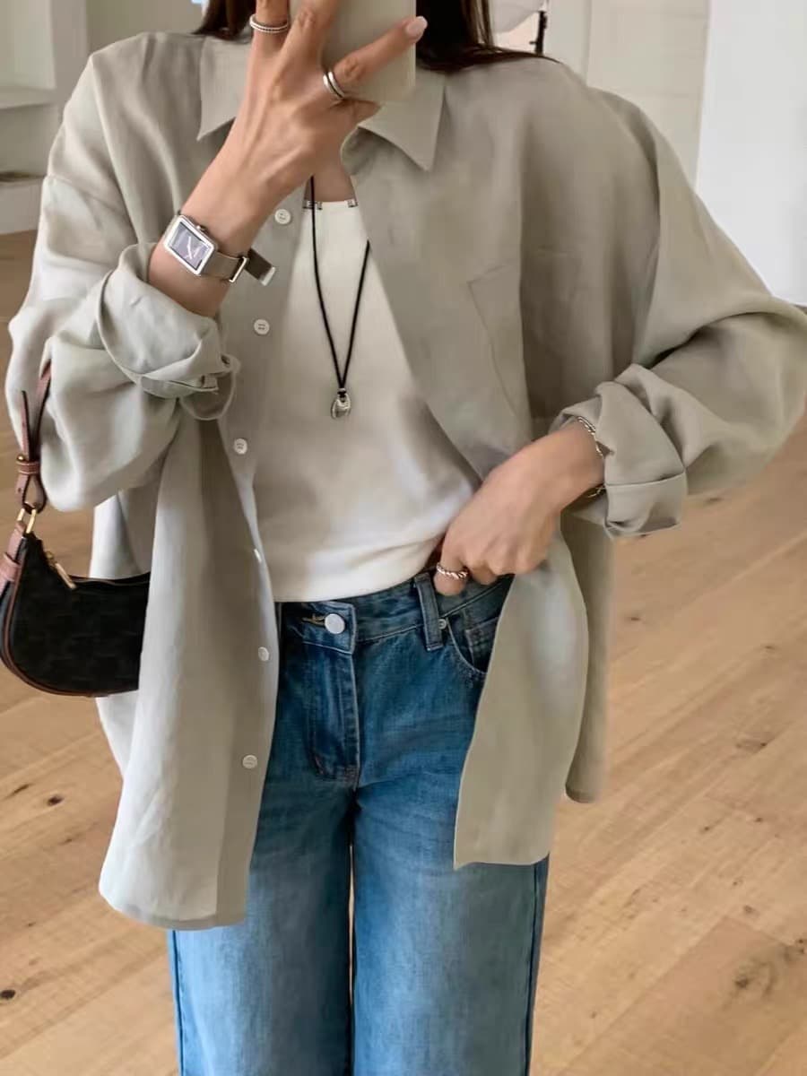 한국 동대문 ins 보 주님 26 여름 루즈핏 폴로 칼라 느긋한 단색 뒤로 알파벳 슬림해 보이는 여성 셔츠 상세 이미지 4