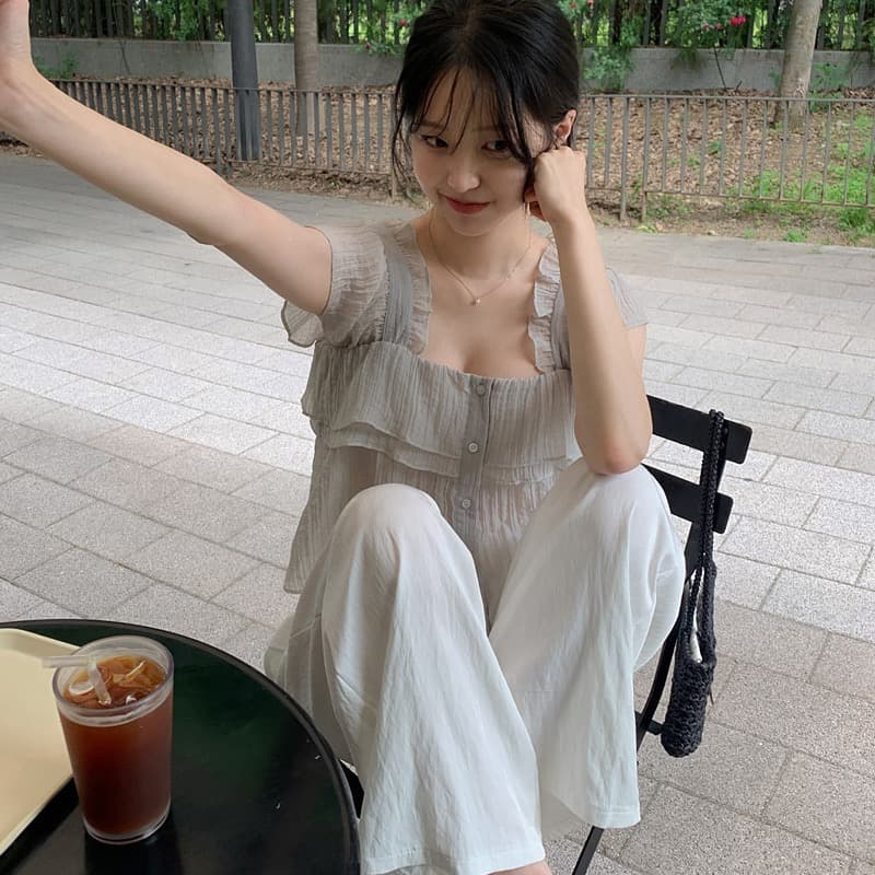 재고 있음 chic 한국 스타일 마이크로 ~을 통해 슬립 싱글 줄 버튼 셔츠 이미지 4