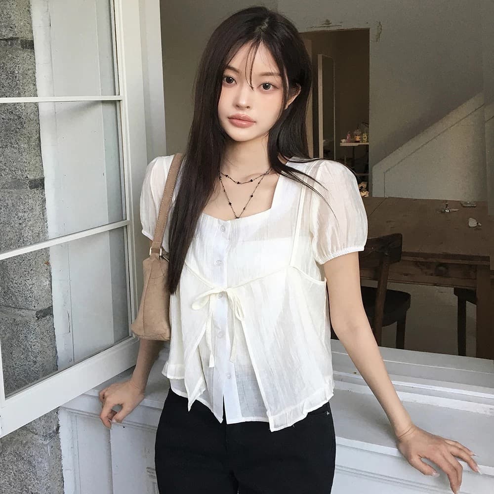 재고 있음 chic 여름 새로운 레이스업 슬립 반팔 셔츠 두 조각 여성 세트 이미지 2