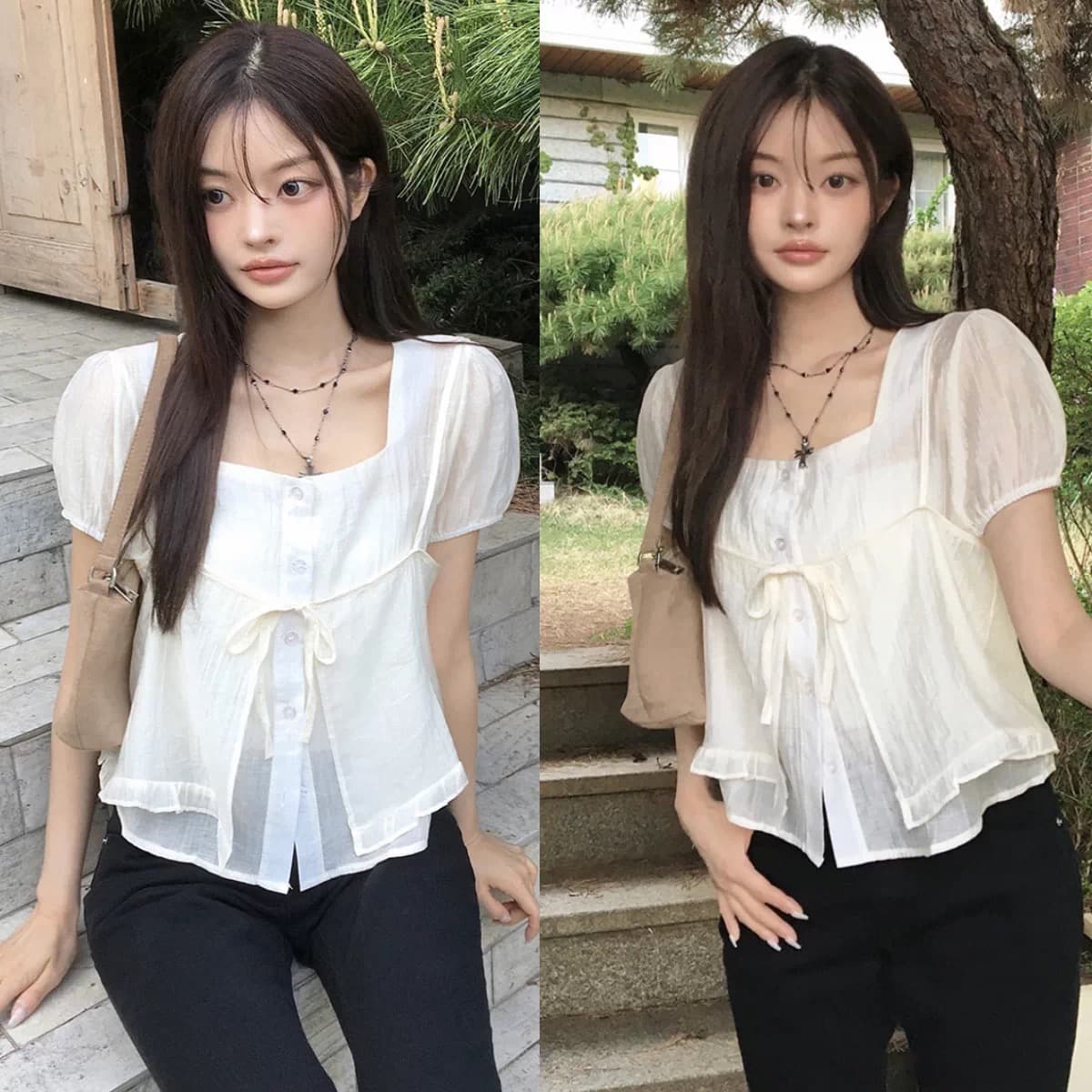 재고 있음 chic 여름 새로운 레이스업 슬립 반팔 셔츠 두 조각 여성 세트 이미지 4