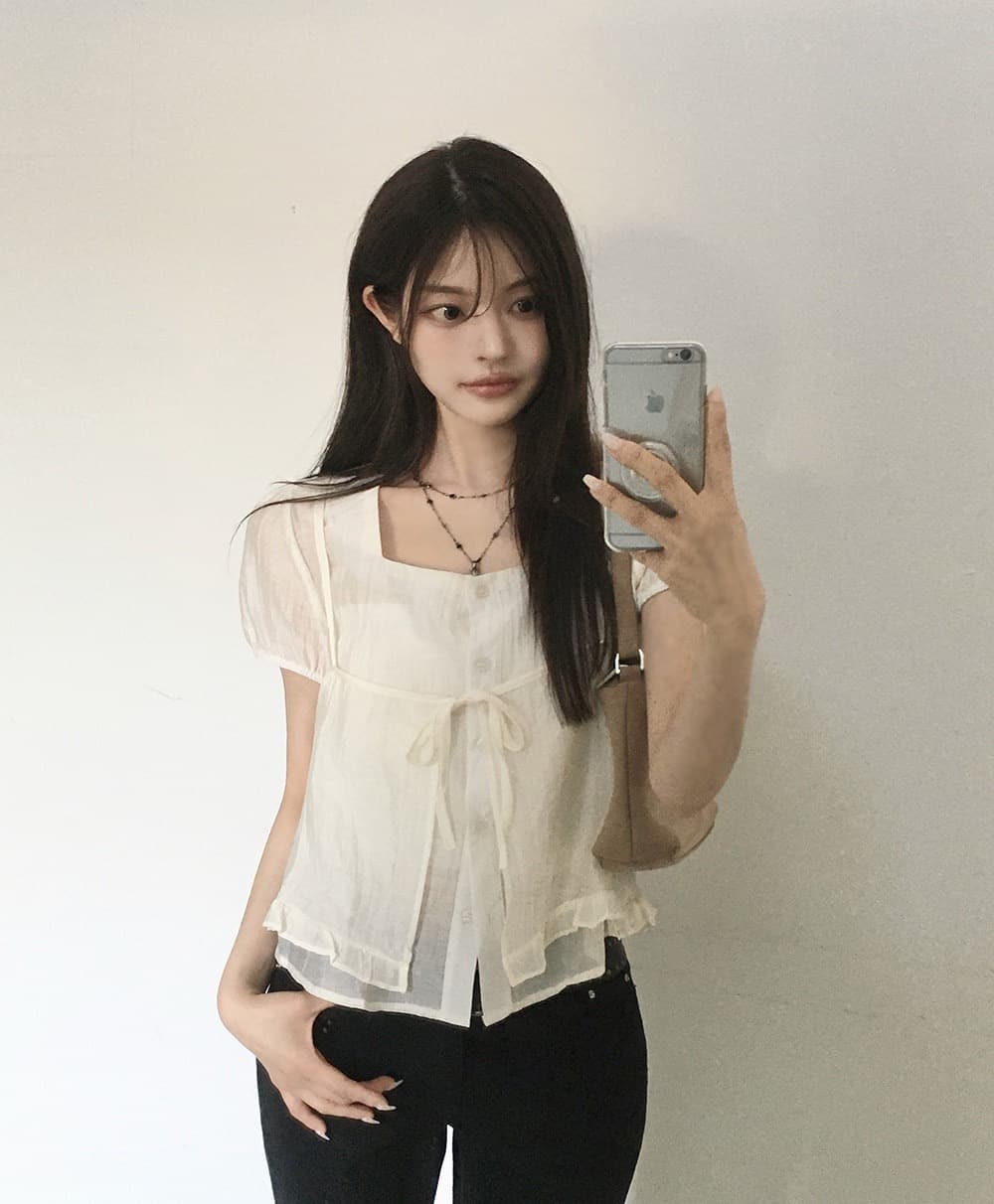재고 있음 chic 여름 새로운 레이스업 슬립 반팔 셔츠 두 조각 여성 세트 상세 이미지 5