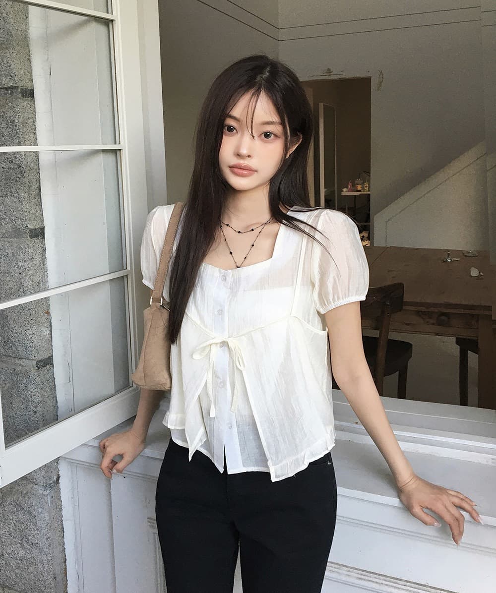 재고 있음 chic 여름 새로운 레이스업 슬립 반팔 셔츠 두 조각 여성 세트 상세 이미지 7