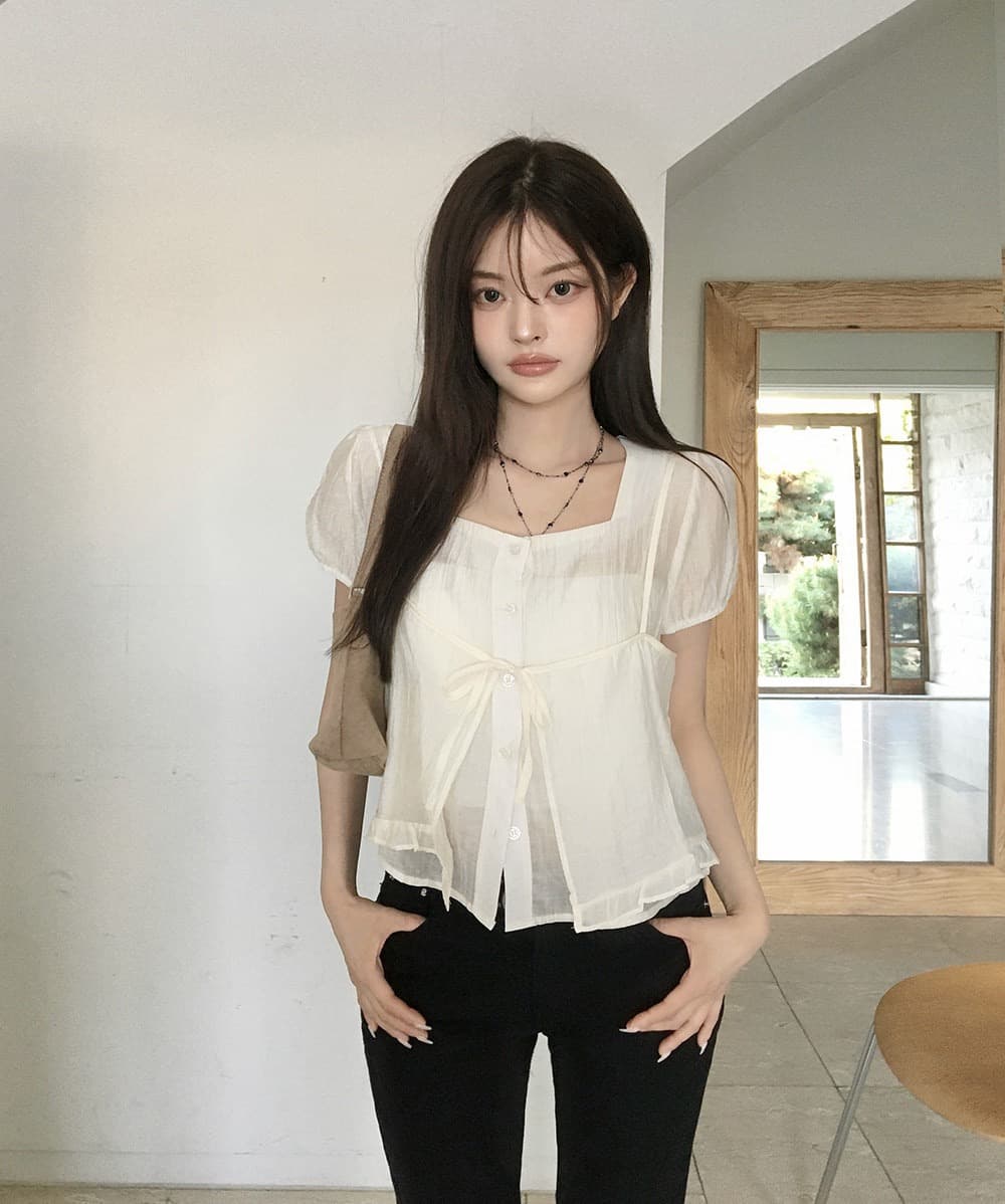 재고 있음 chic 여름 새로운 레이스업 슬립 반팔 셔츠 두 조각 여성 세트 상세 이미지 9