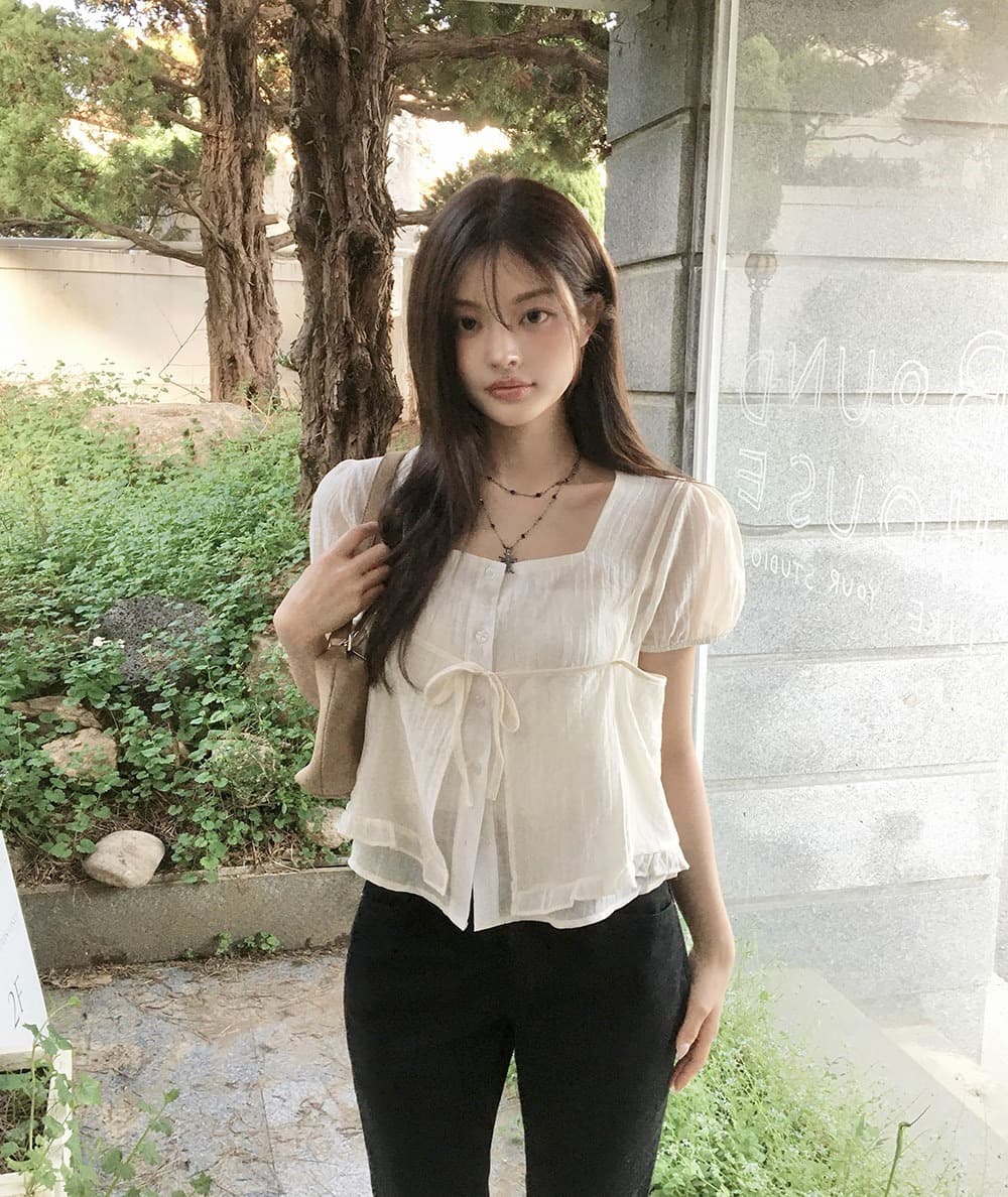 재고 있음 chic 여름 새로운 레이스업 슬립 반팔 셔츠 두 조각 여성 세트 상세 이미지 14