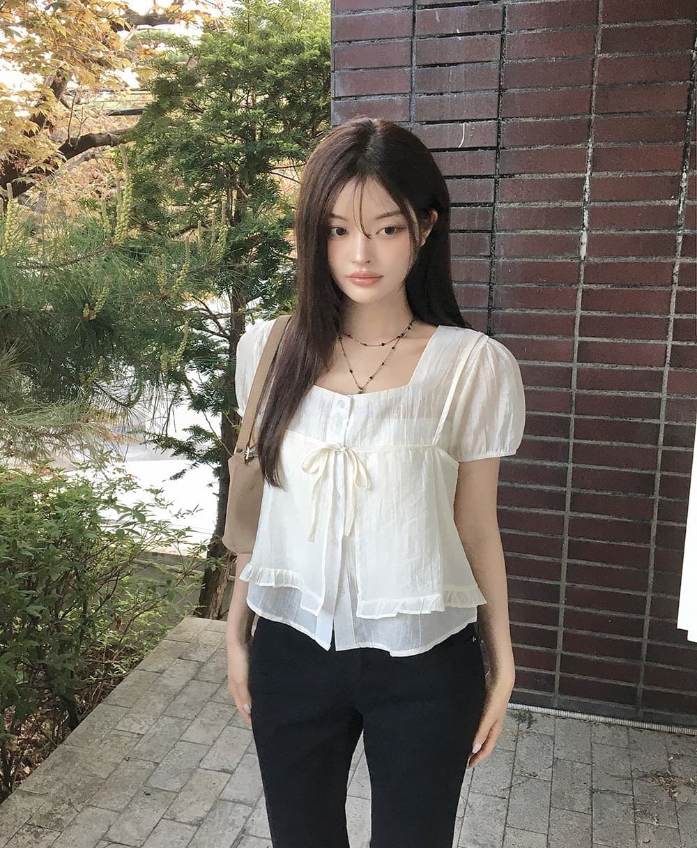 재고 있음 chic 여름 새로운 레이스업 슬립 반팔 셔츠 두 조각 여성 세트 상세 이미지 17