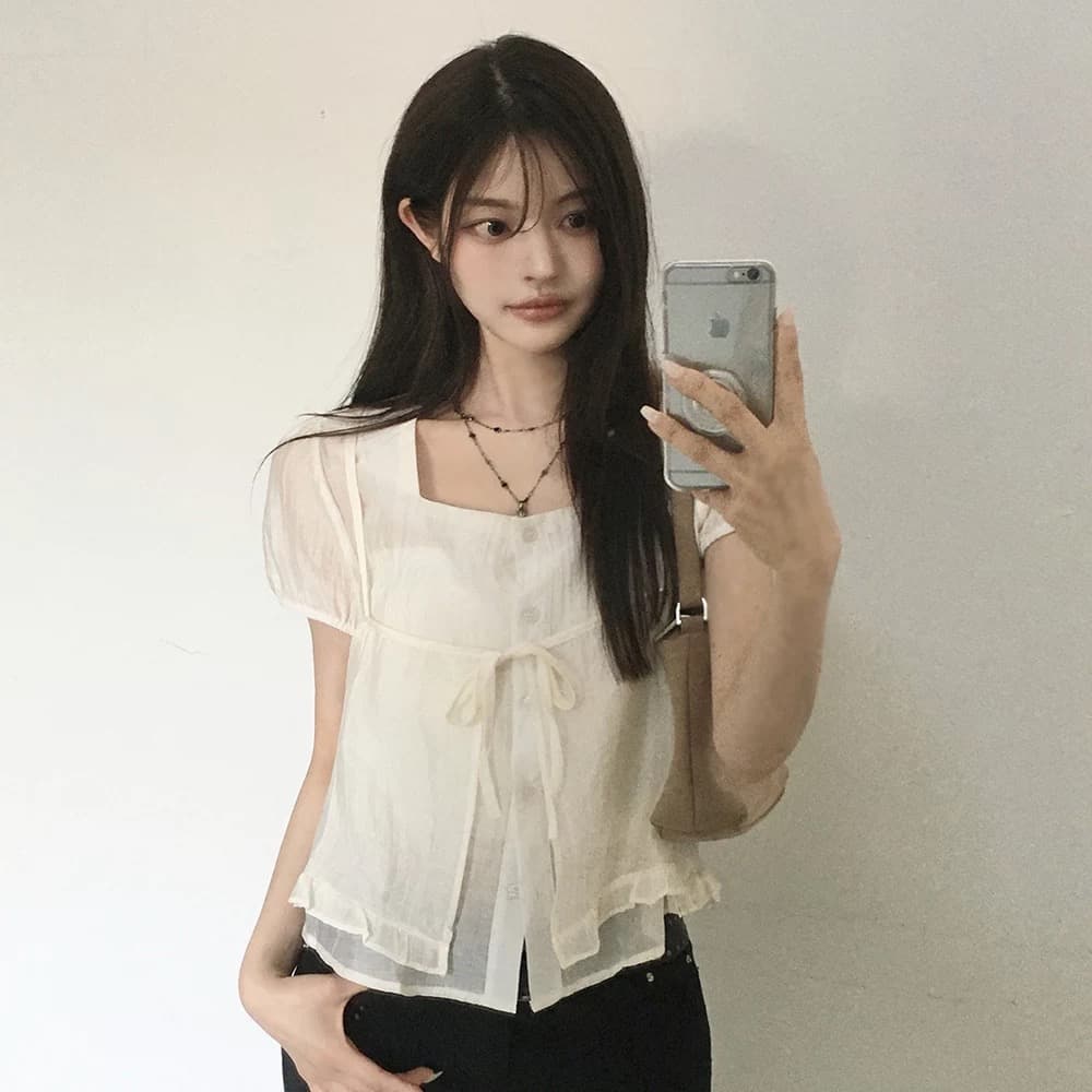 재고 있음 chic 여름 새로운 레이스업 슬립 반팔 셔츠 두 조각 여성 세트 상세 이미지 18
