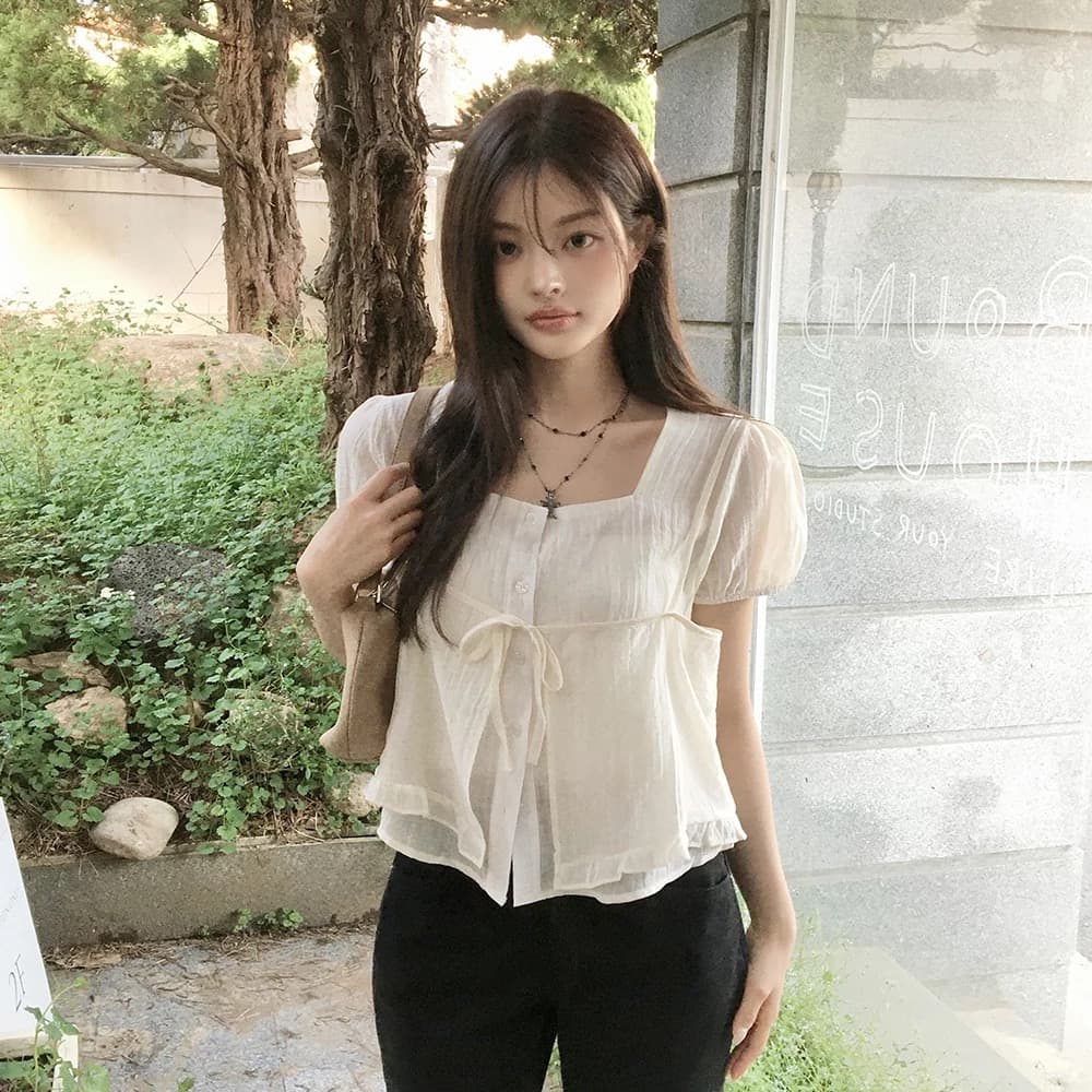 재고 있음 chic 여름 새로운 레이스업 슬립 반팔 셔츠 두 조각 여성 세트 상세 이미지 21