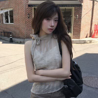재고 있음 한국 ins 레트로 스탠드 칼라 행침 목 나비 매듭 스트랩 질감 센스 주름 체크무늬 민소매 셔츠 상세 이미지 1