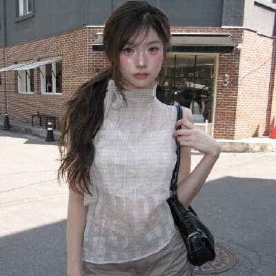 재고 있음 한국 ins 레트로 스탠드 칼라 행침 목 나비 매듭 스트랩 질감 센스 주름 체크무늬 민소매 셔츠 상세 이미지 5