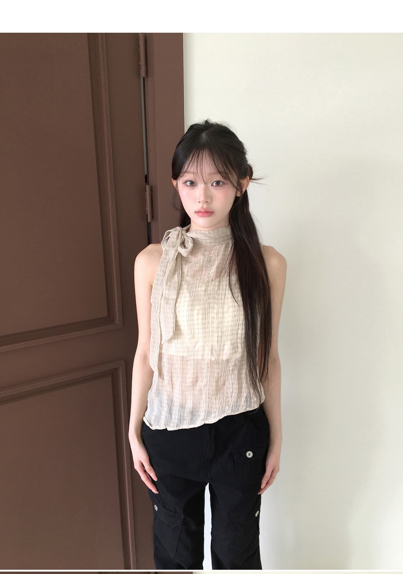 재고 있음 한국 ins 레트로 스탠드 칼라 행침 목 나비 매듭 스트랩 질감 센스 주름 체크무늬 민소매 셔츠 상세 이미지 7