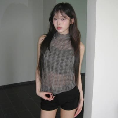 재고 있음 한국 ins 레트로 스탠드 칼라 행침 목 나비 매듭 스트랩 질감 센스 주름 체크무늬 민소매 셔츠 상세 이미지 17