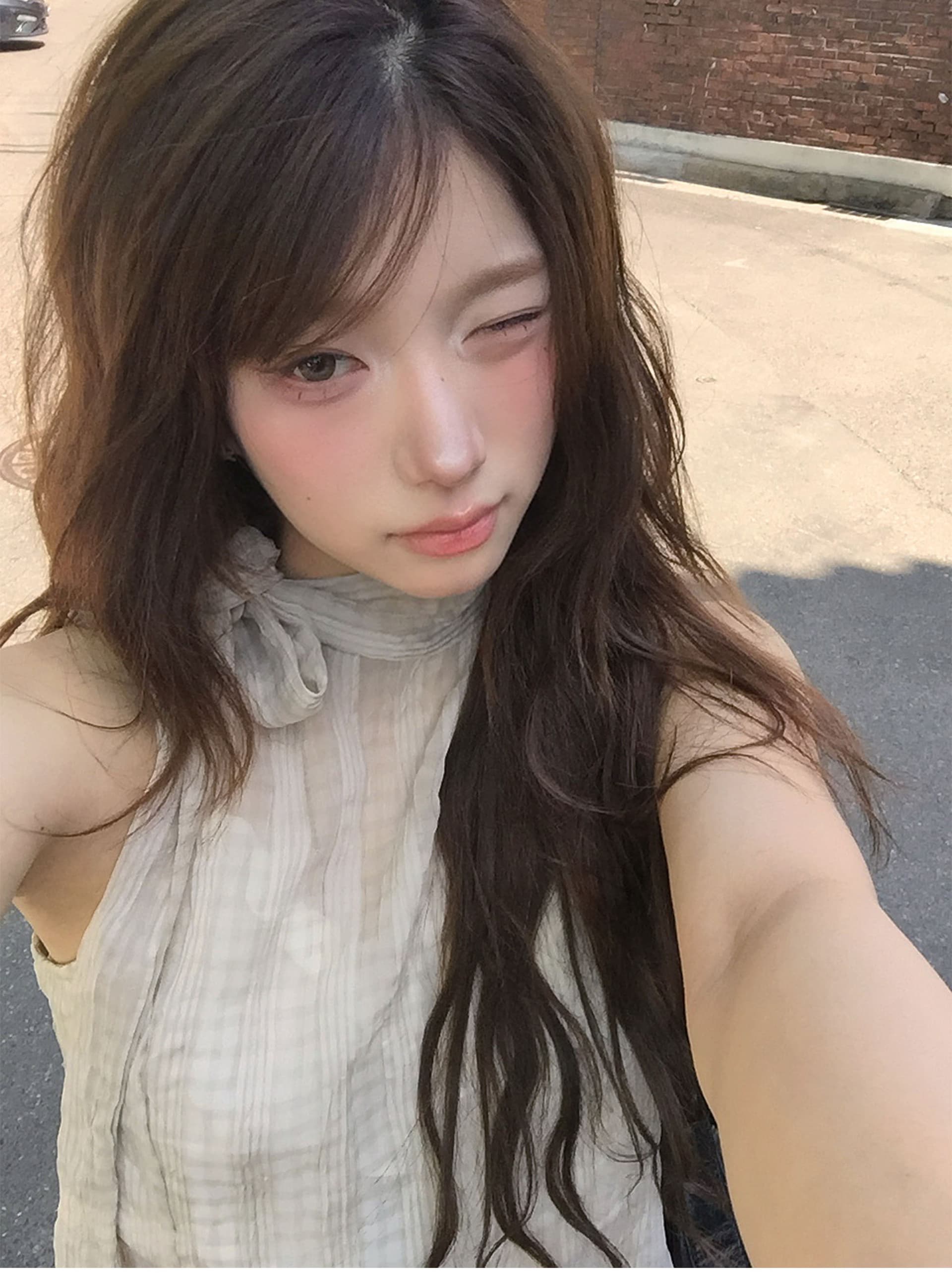 재고 있음 한국 ins 레트로 스탠드 칼라 행침 목 나비 매듭 스트랩 질감 센스 주름 체크무늬 민소매 셔츠 상세 이미지 20