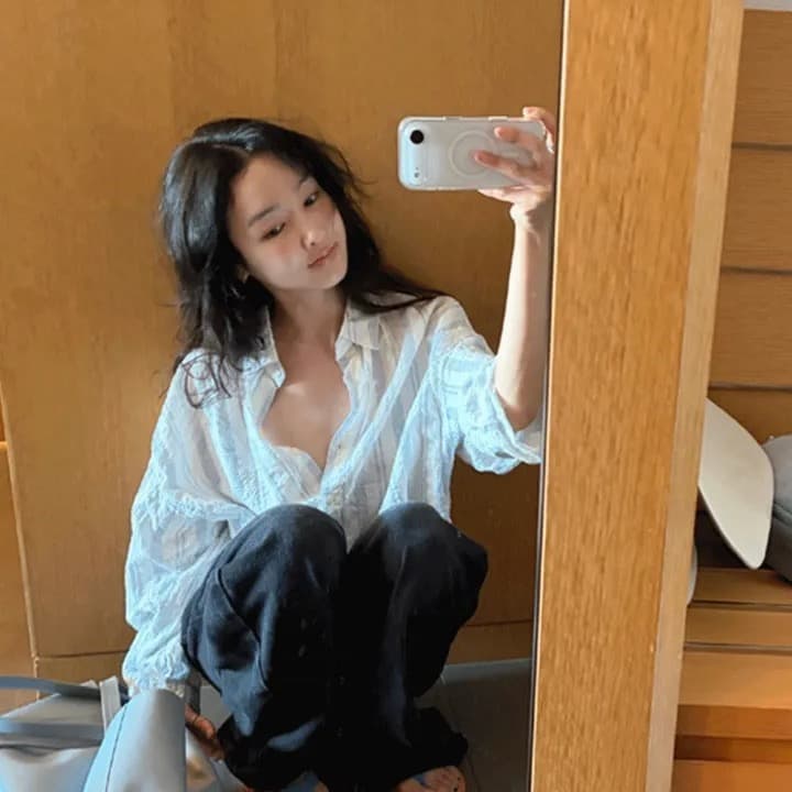 재고 있음 chic 캐주얼 바람 상쾌 스트라이프 출퇴근 다용도 루즈핏 자외선 차단 셔츠 이미지 4