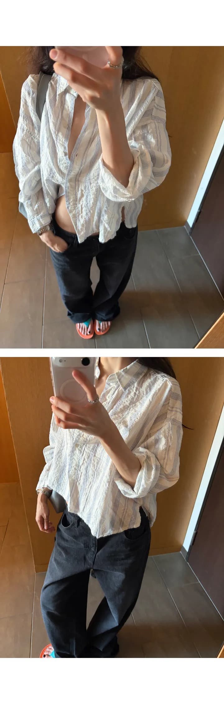 재고 있음 chic 캐주얼 바람 상쾌 스트라이프 출퇴근 다용도 루즈핏 자외선 차단 셔츠 상세 이미지 5