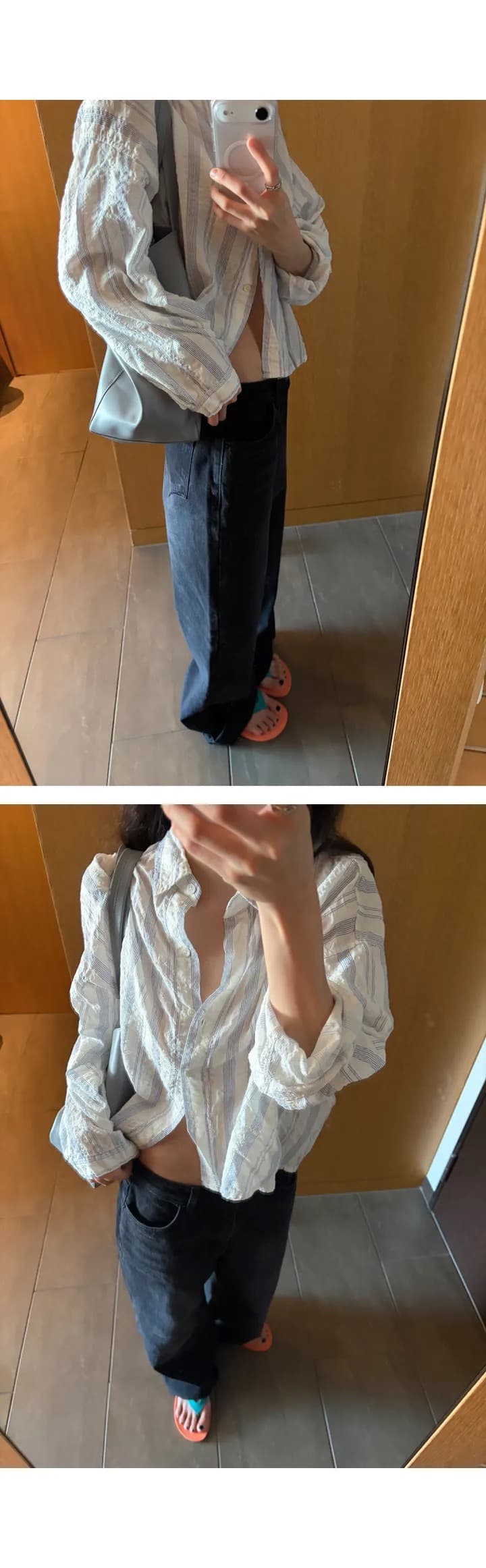 재고 있음 chic 캐주얼 바람 상쾌 스트라이프 출퇴근 다용도 루즈핏 자외선 차단 셔츠 상세 이미지 8