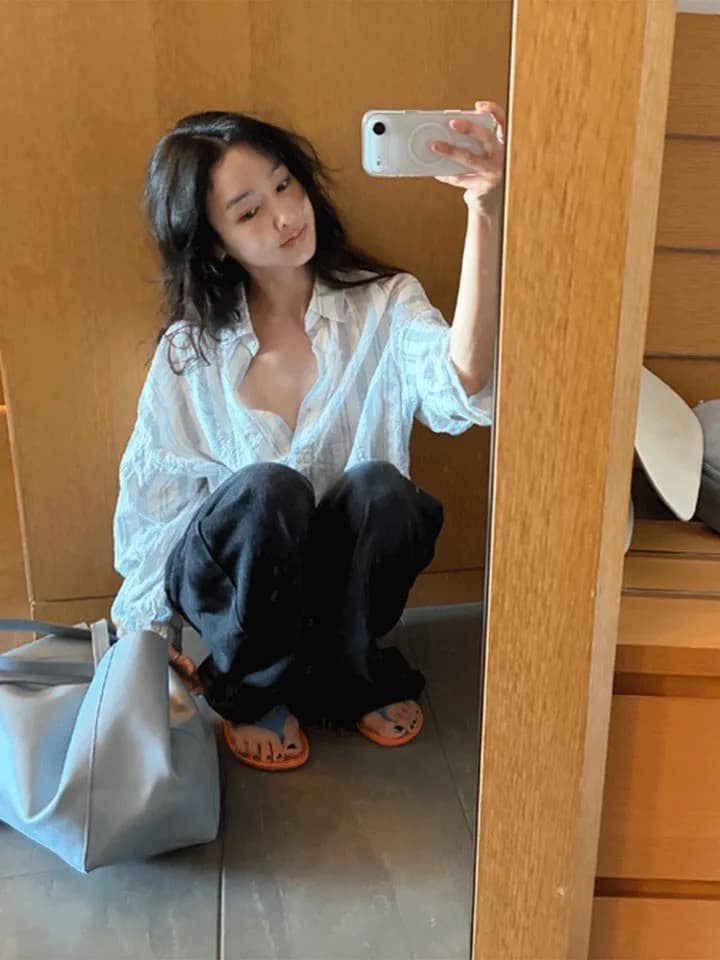 재고 있음 chic 캐주얼 바람 상쾌 스트라이프 출퇴근 다용도 루즈핏 자외선 차단 셔츠 상세 이미지 9