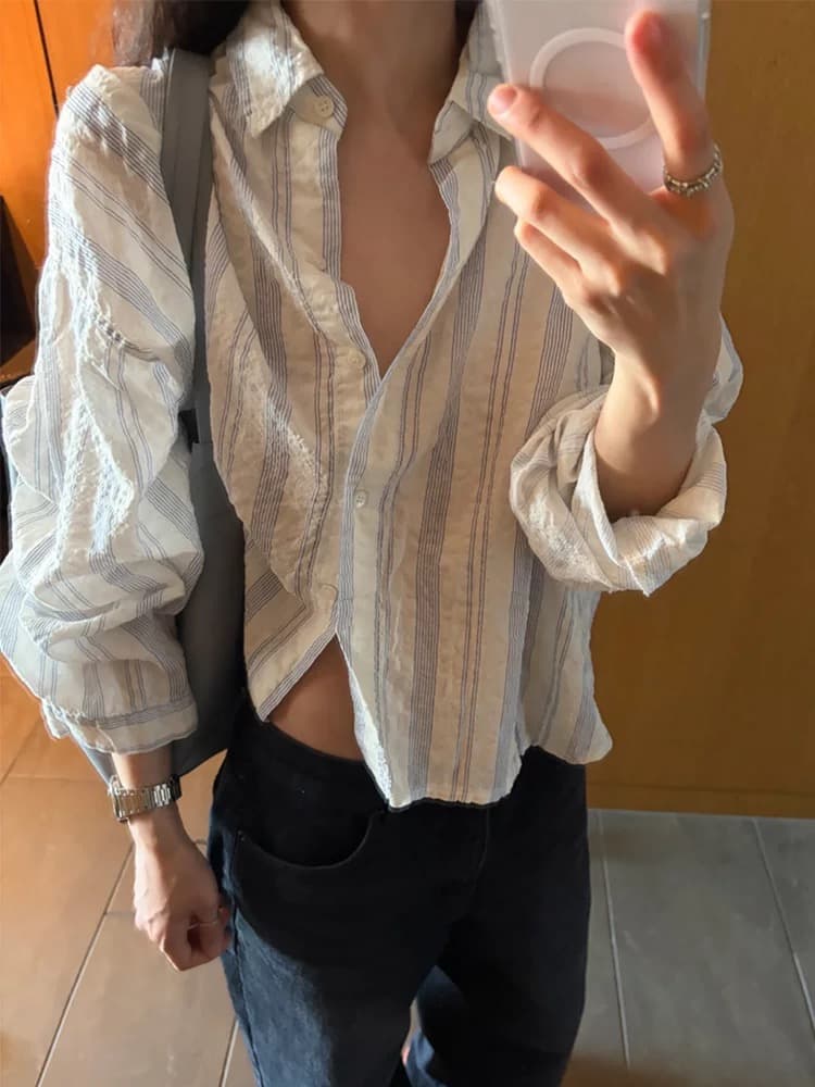 재고 있음 chic 캐주얼 바람 상쾌 스트라이프 출퇴근 다용도 루즈핏 자외선 차단 셔츠 상세 이미지 17