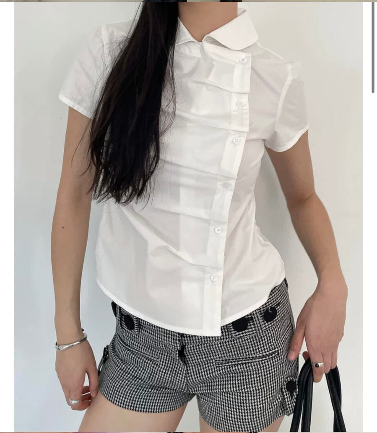 재고 있음 chic 여름 측면 단추 열기 아크 폴로 칼라 반팔 셔츠 2 색 상세 이미지 1