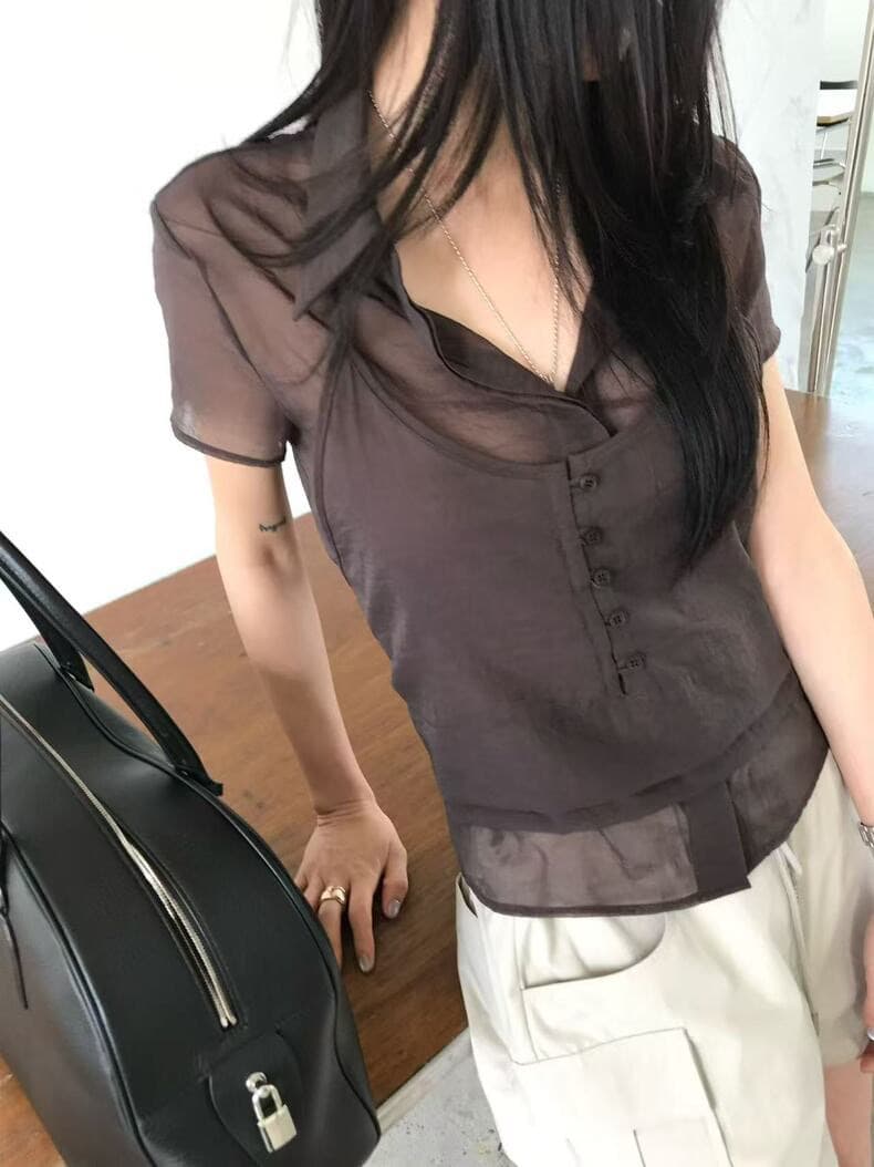 재고 있음 2026 여름 다용도 폴로 칼라 레이스업 행침 목 슬립 페이크 레이어드 반팔 셔츠 상세 이미지 15