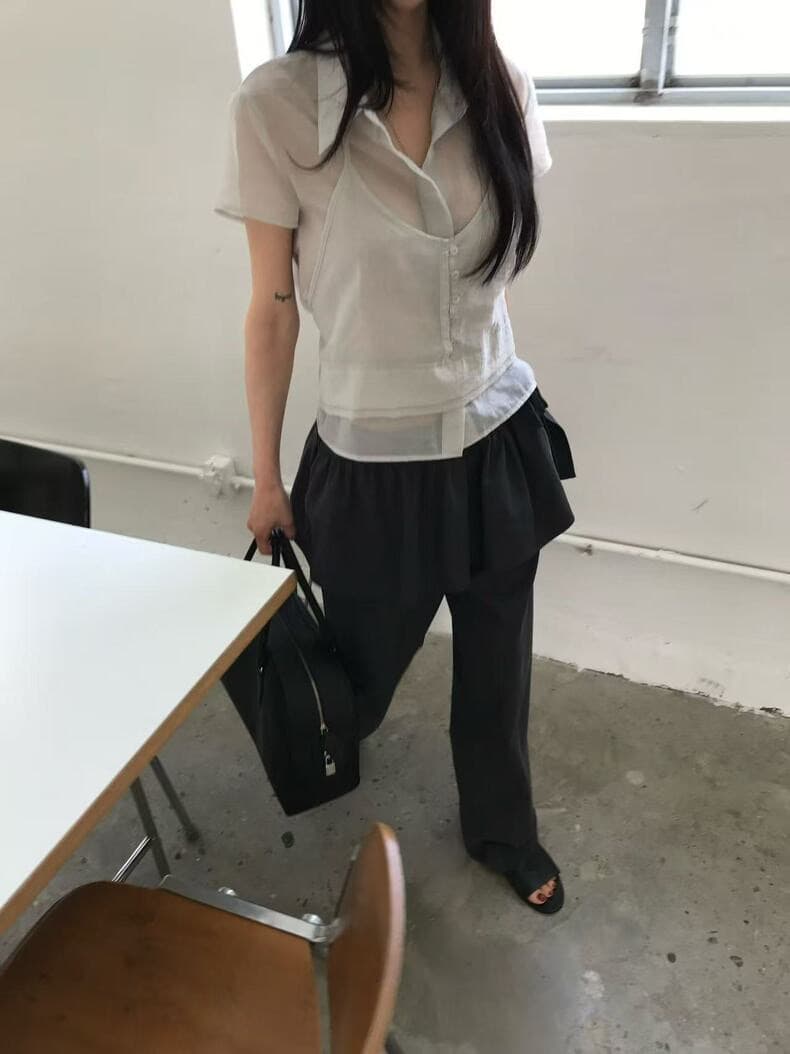 재고 있음 2026 여름 다용도 폴로 칼라 레이스업 행침 목 슬립 페이크 레이어드 반팔 셔츠 상세 이미지 26
