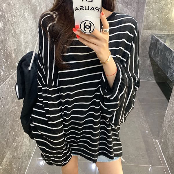 재고 있음 ins 인터넷 유명인 다용도 스트라이프 루즈핏 자외선 차단 느긋한 긴팔 티셔츠 상세 이미지 16