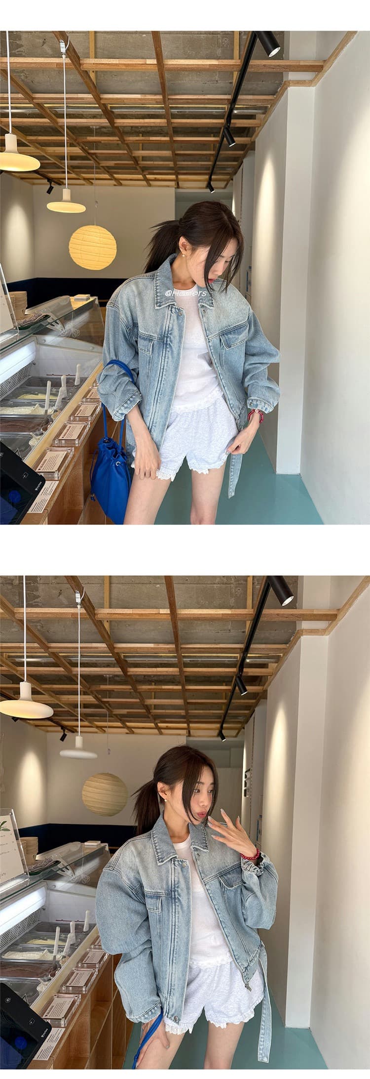 한국 스타일 새로운 워크웨어 바람 카우보이 바깥 세트 여성 의류 폴로 칼라 루즈핏 슬림해 보이는 쇼트 스타일 데님 재킷 상세 이미지 11