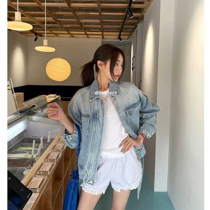 한국 스타일 새로운 워크웨어 바람 카우보이 바깥 세트 여성 의류 폴로 칼라 루즈핏 슬림해 보이는 쇼트 스타일 데님 재킷 상세 이미지 16