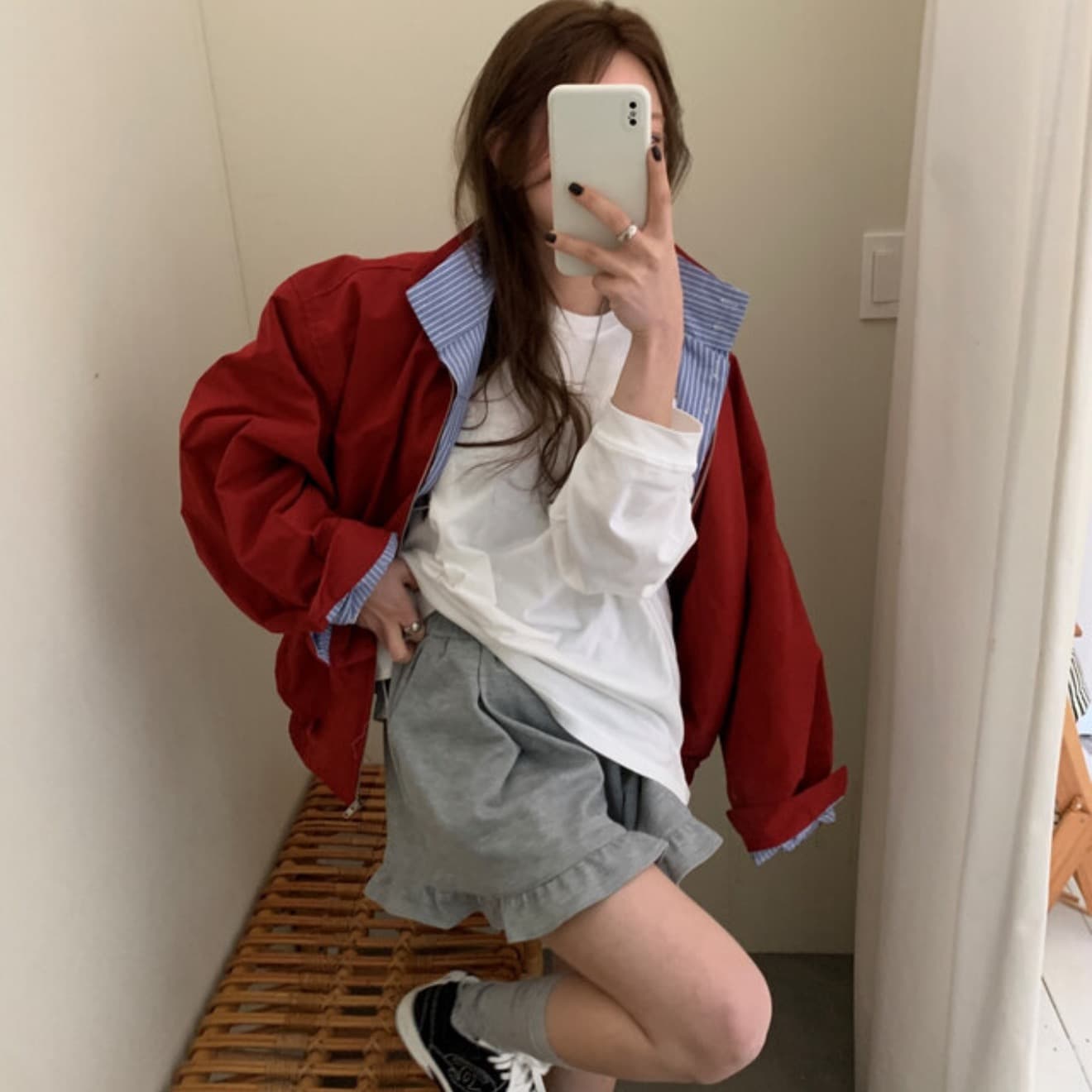 재고 있음 한 부서 패션 스트라이프 패치워크 폴로 칼라 오픈 가디건 재킷 재킷 가을 맨위 이미지 4