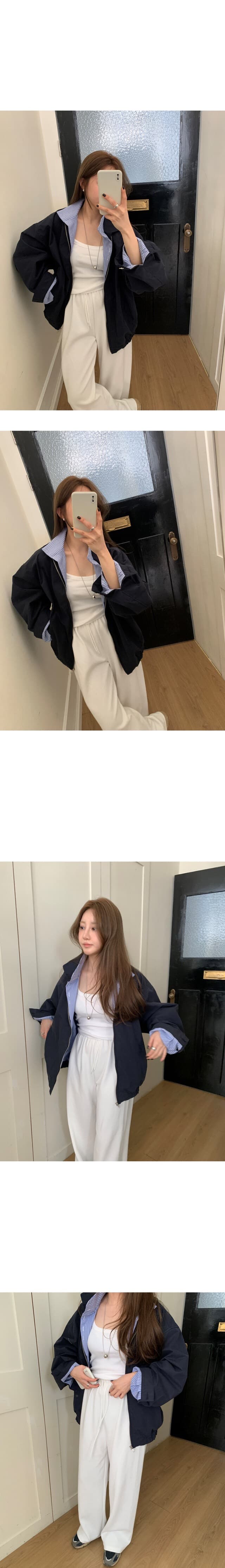 재고 있음 한 부서 패션 스트라이프 패치워크 폴로 칼라 오픈 가디건 재킷 재킷 가을 맨위 상세 이미지 5