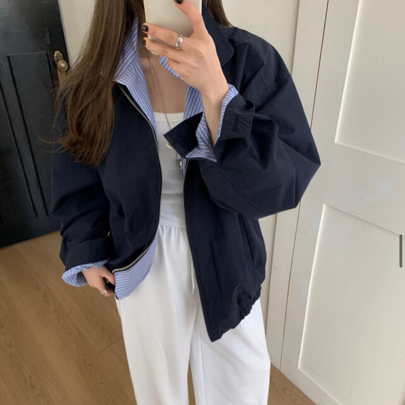 재고 있음 한 부서 패션 스트라이프 패치워크 폴로 칼라 오픈 가디건 재킷 재킷 가을 맨위 상세 이미지 25