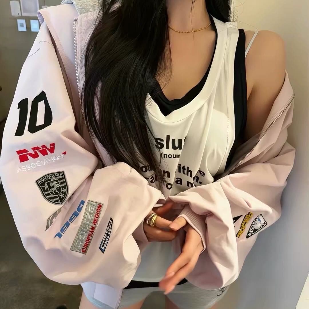 알파벳 자수 야구 유니폼 여성 코트 2026 봄 가을 루즈핏 캐주얼 후드 티 스웨터 패치워크 페이크 레이어드 재킷 트렌디 이미지 4