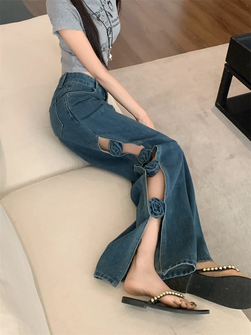 실사 정가 디자인 센스 핫걸 홀로우 아웃 트임 청바지 수공 3 차원 꽃 루즈핏 와이드 레그 팬츠 긴 바지 상세 이미지 7