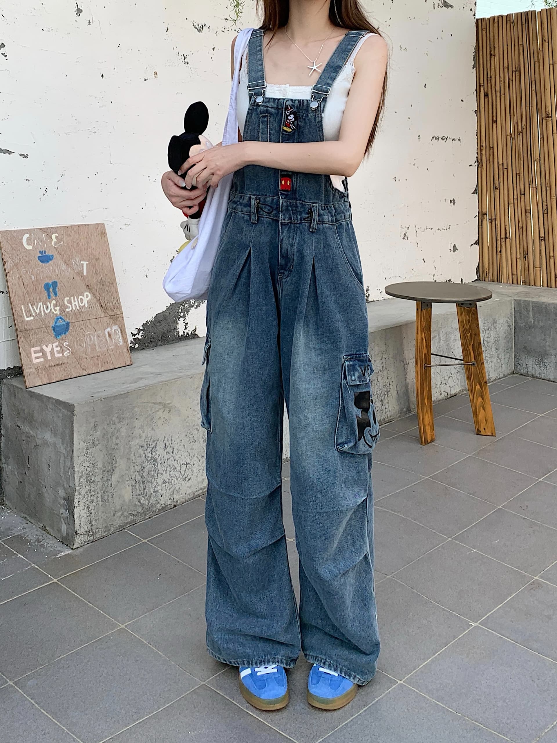 실사 정가 여름 새로운 레트로 달콤한 차가운 연령 감소 빅 포켓 프린트 데님 멜빵 바지 넓은 다리 길이 바지 트렌디 이미지 3