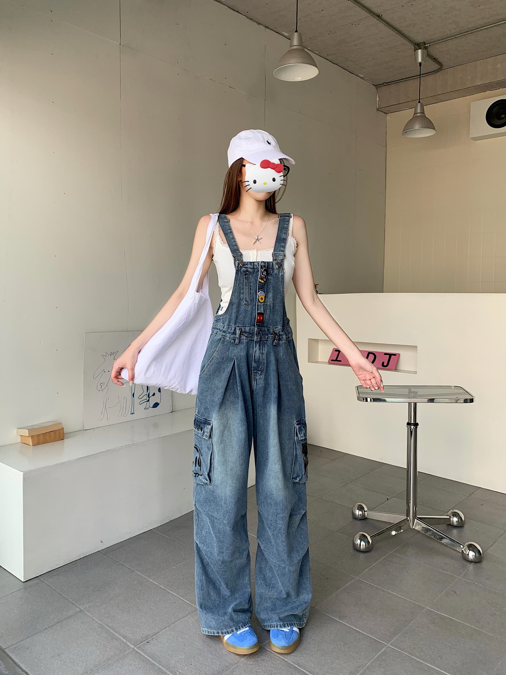실사 정가 여름 새로운 레트로 달콤한 차가운 연령 감소 빅 포켓 프린트 데님 멜빵 바지 넓은 다리 길이 바지 트렌디 상세 이미지 3