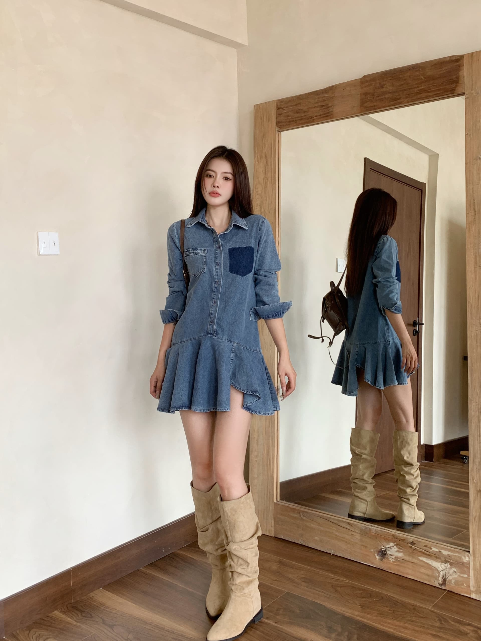 실사 정가 데님 여성 드레스 홍콩 느낌 레트로 프릴 디자인 불규칙 치마 2025 가을 상세 이미지 1