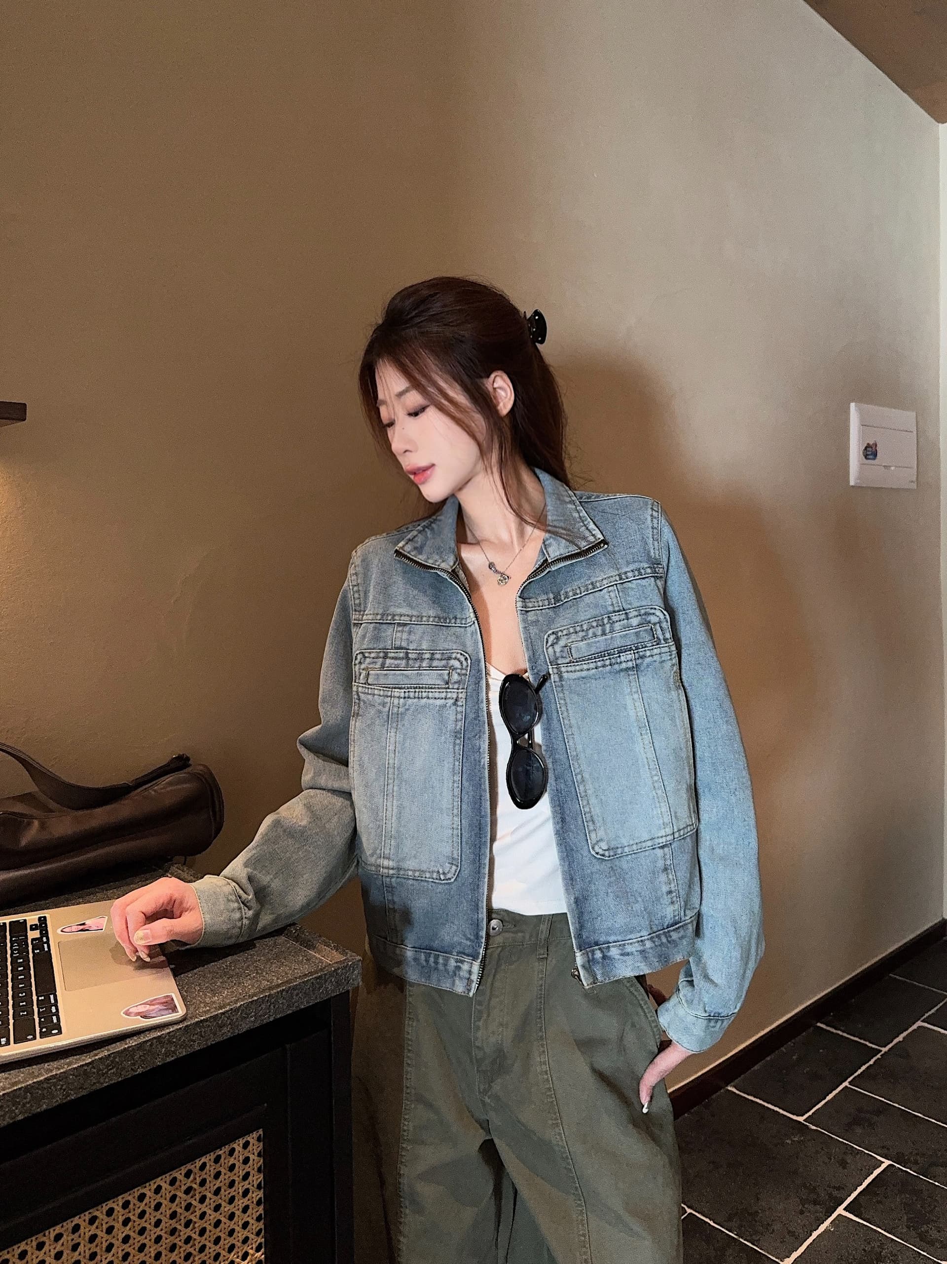 실사 정가 달콤한 차가운 마 오래된 데님 여성 코트 봄 가을 레트로 작은 키 하늘색 오픈 가디건 맨위 상세 이미지 2